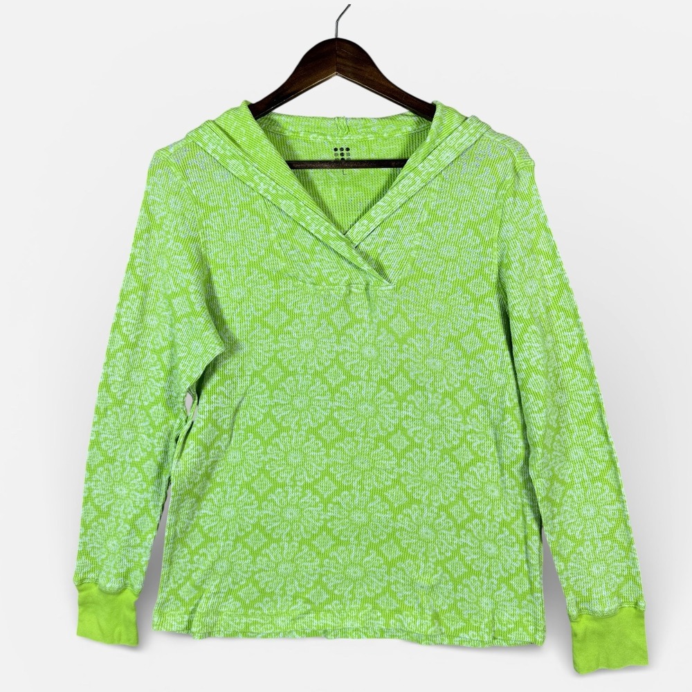 Title Nine Hoodie Womens Large Green Floral Waffle Knit Pullover Thermal Top